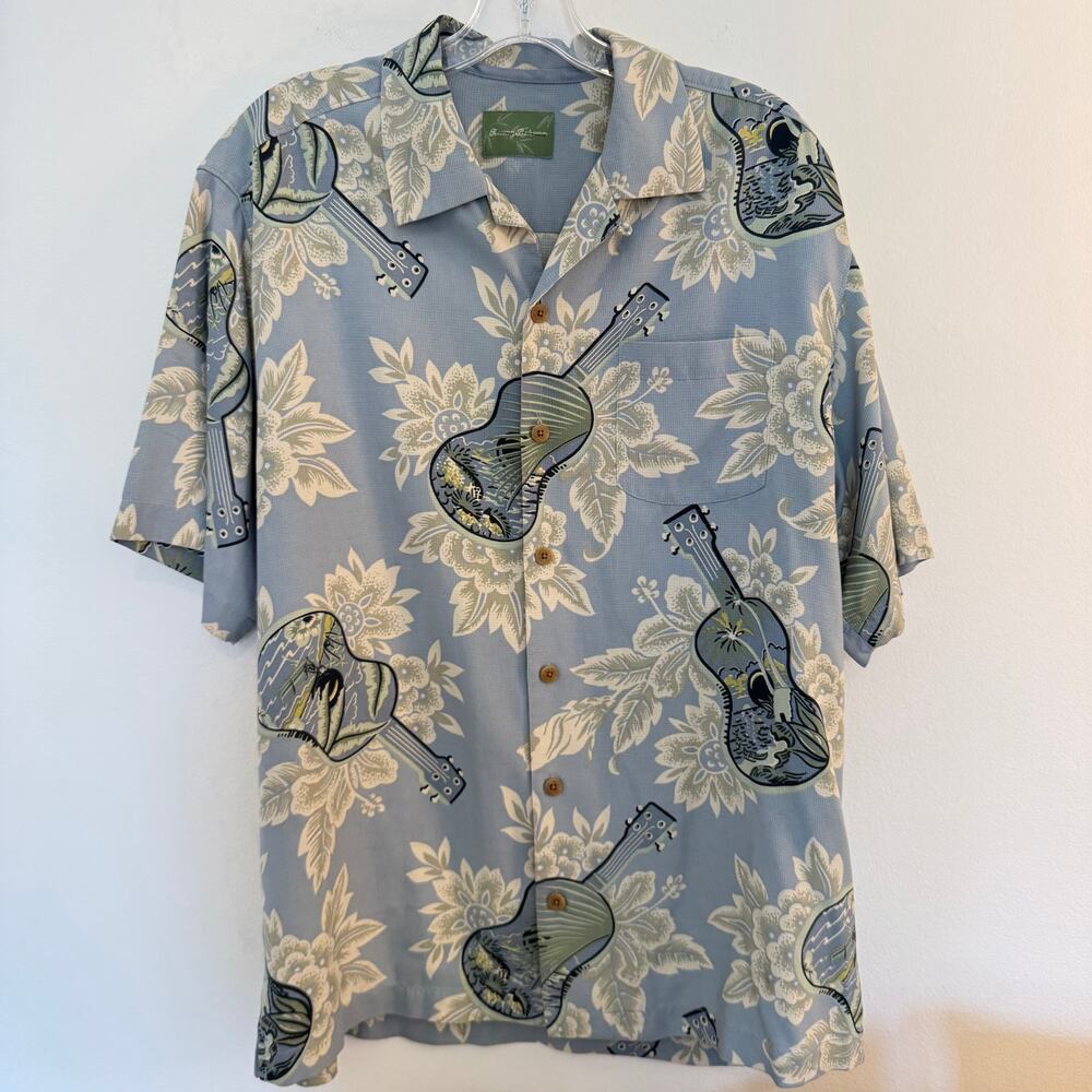 Tommy Bahama 100% Silk Camp Shirt Ukulele Floral Hawaiian Blue Short Sleeve M